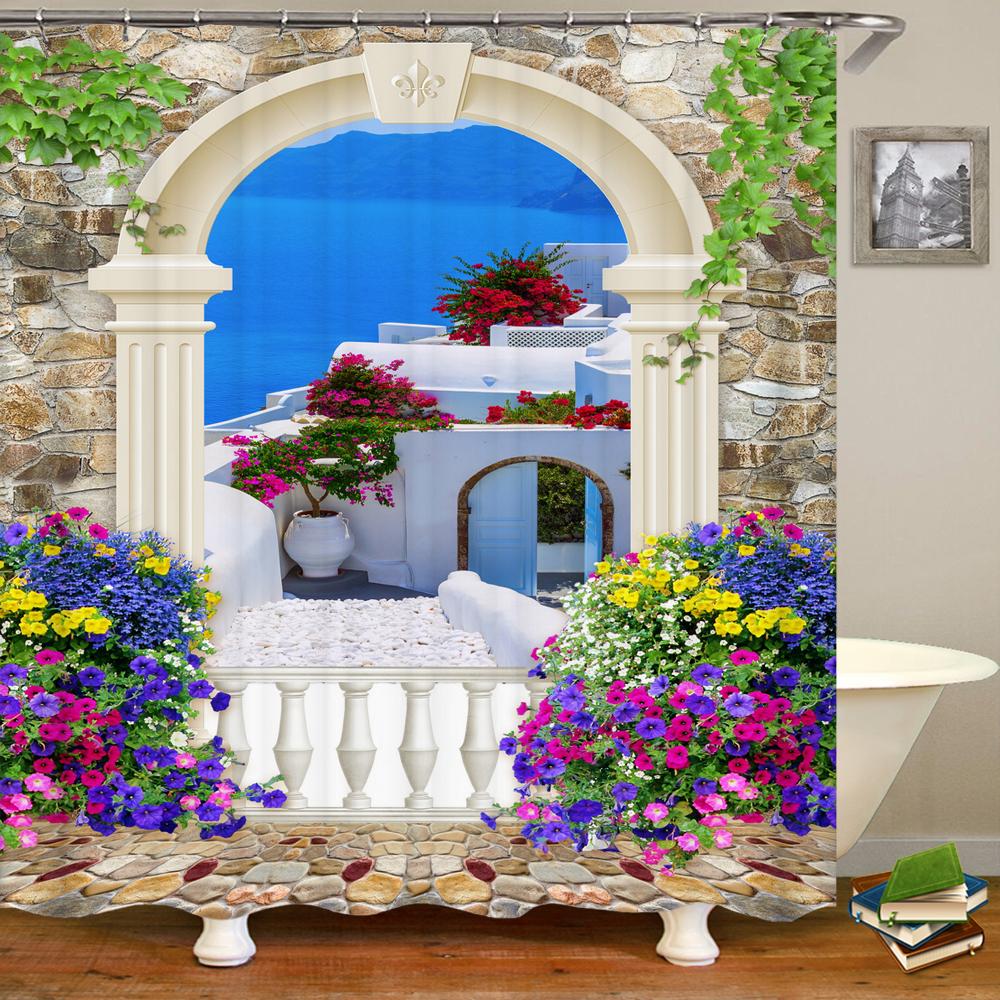 3D European Rural Town Flowers landscape Printing Bathroom Waterproof Shower Curtain Polyester Curtain Home Decoration Curtain