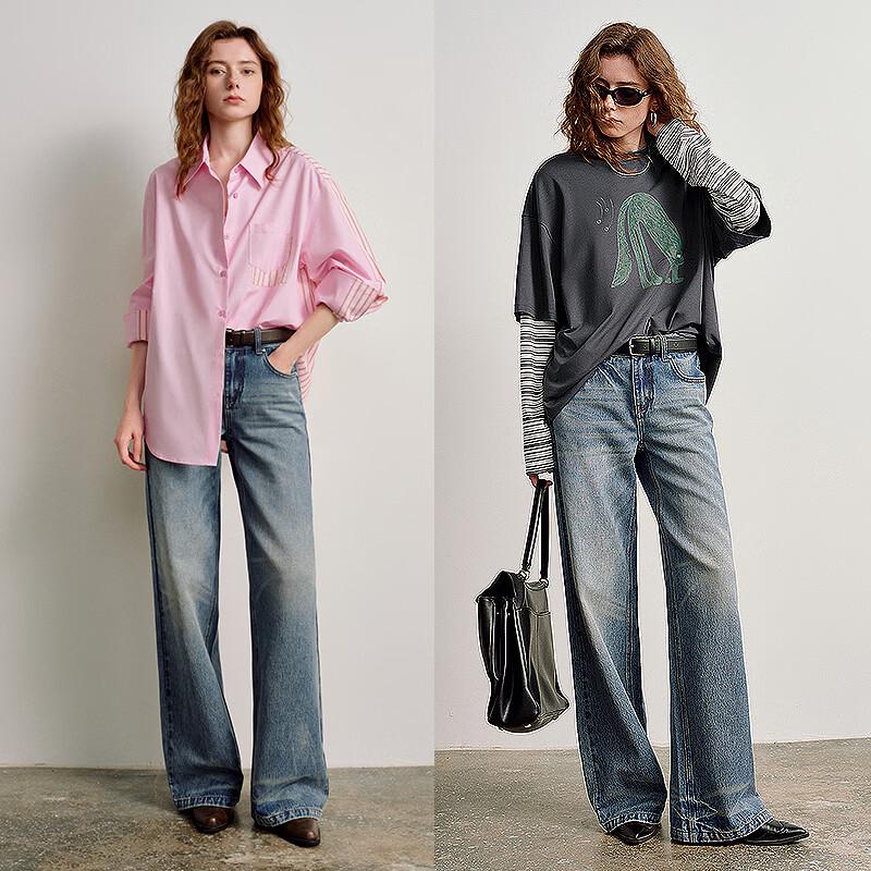 ChuYu Women's Light Blue Faded Wide-Leg Jeans