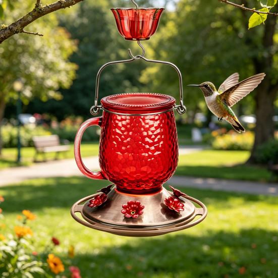 Hummingbird Feeder 16 Oz Hanging Bird Feeder with Ant Moat 6 Bee-Proof Feeding Ports 360-Degree Perch Outdoor Hummingbird Feeder for Garden Backyard