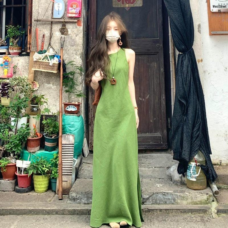 Women s Summer 2025 French Green Sleeveless Vest Dress - Elegant Seaside Vacation Style L зелёный