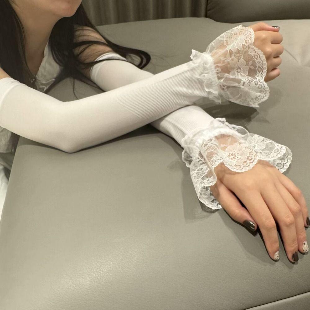 Y2K Sun Protection Arm Sleeves Lace Flower Bridal Wrist Gloves Fashion Long Gloves Girl