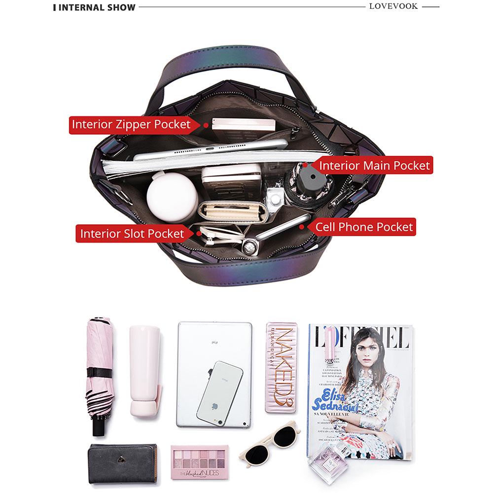 Bolsa feminina geométrica diamante bolsa de ombro dobrável bolsa balde luminosa laser holográfica