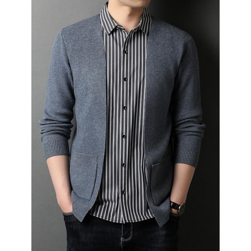 

Осенний мужской вязаный кардиган, тонкая рубашка, поддельный двухкомпонентный модный повседневный свитер, куртка, мужская одежда 3XL