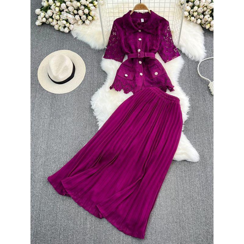 Single-Breasted Lace Pleated Skirt Fashion Suit