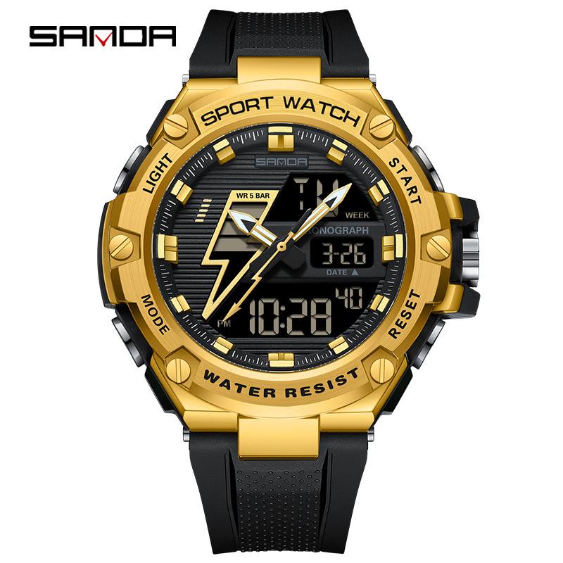 Sanda Men's Multifunctional Shockproof Waterproof Sport Watch with Alarm Clock and Black Technology.