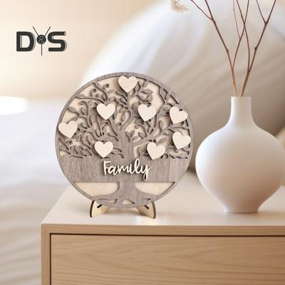Stammbaum aus Holz, rustikales Tischschild mit Familienliebe, mehrschichtiges Herz-Baumornament mit Ständer als Muttertagsgeschenk, Kaminsims-Regal-Dekoration