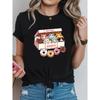 Plus Size Women's Cute Cat Donut Print Tee Black Short Sleeve Round Neck Casual Daily Top