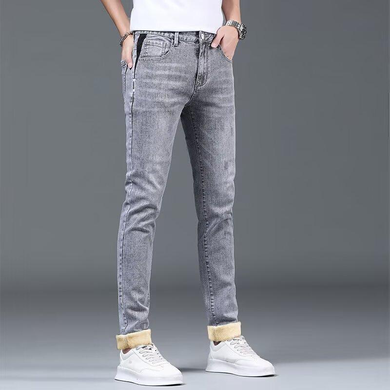 Jeans d'hiver pour hommes 2024 Doublés polaire Épaissis Coupe droite ajustée Amples Extensibles Garde au chaud Décontractés Pantalons longs pour hommes