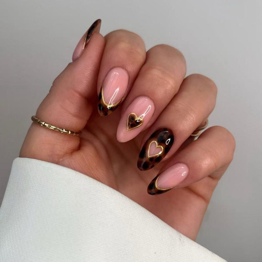 24PCS Almond with Ethereal Cat Eye Gilt Press on Nails Icy Clear Shiny French Metallic Lines Design False Nails Light Luxury