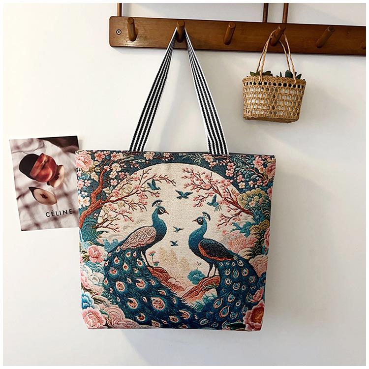 Etnická plátěná taška přes rameno s pavím motivem - Dámská módní taška Tote s velkou kapacitou