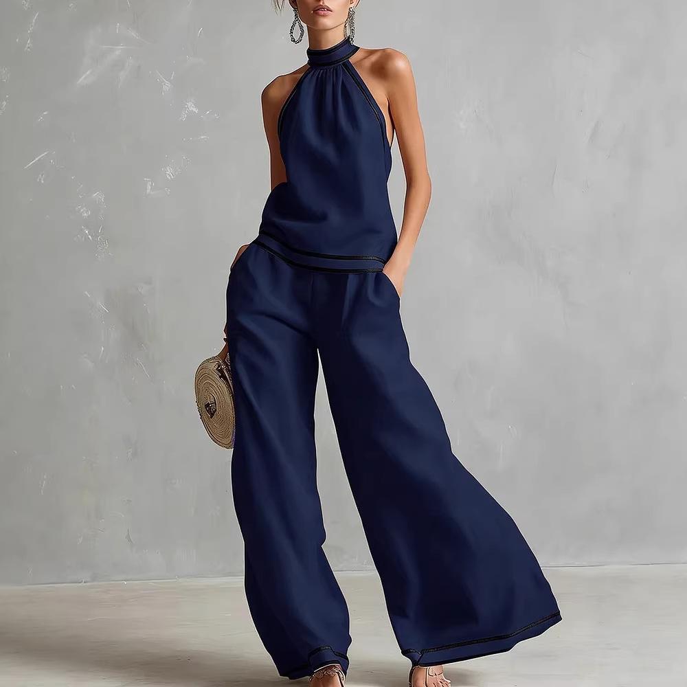 Sleeveless Wide Leg Pants Set Women Summer European Style Striped Color Block Two Piece Casual Vacation
