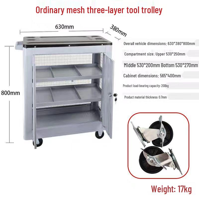 Movable Three-Layer Hand Cart: Multi-functional Auto Repair & Household Tool Box with Cabinet Door