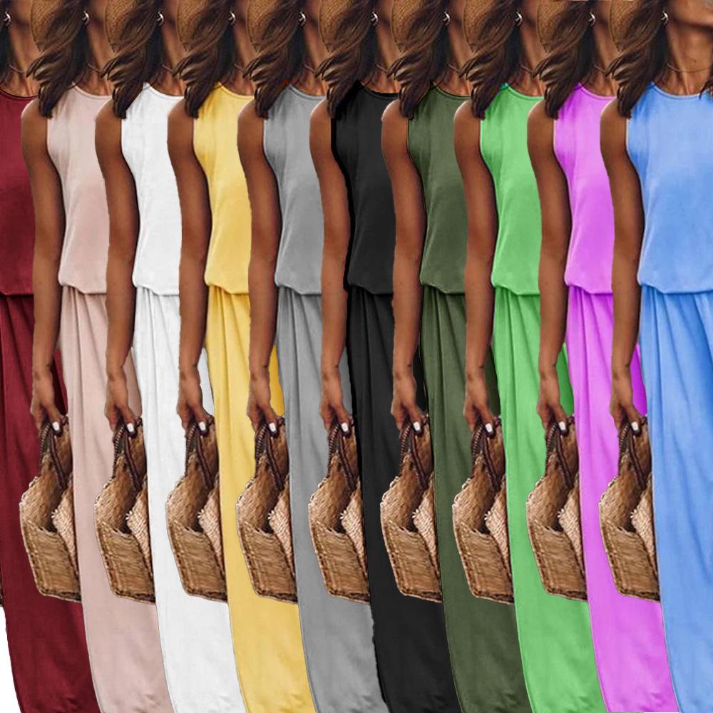 2025 Damen Rundhals ärmelloses mehrfarbiges langes Schlitzkleid