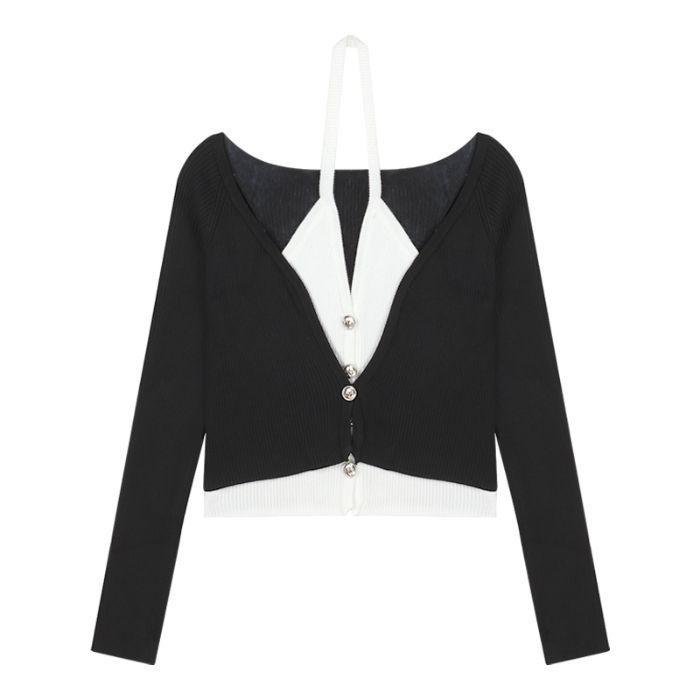 

Шикарный облегающий вязаный кардиган-халтер из двух частей для женщин - Стильный топ контрастного цвета для начала осени One Size черный белый