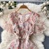 Summer Runway Gorgeous Flower Print Party Dress Women Holiday Flare Sleeve V Neck Beading Cascading Ruffles Mesh Lace Trims Cake Dresses