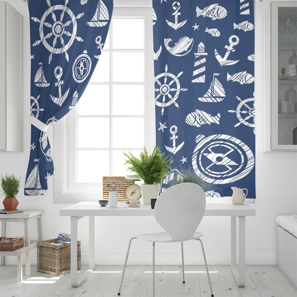 Tenda per Casa Ancora Blu Barca Pesce Camera da Letto Tende per Cucina Articoli Decorativi per Soggiorno Tende per Finestre per Soggiorno