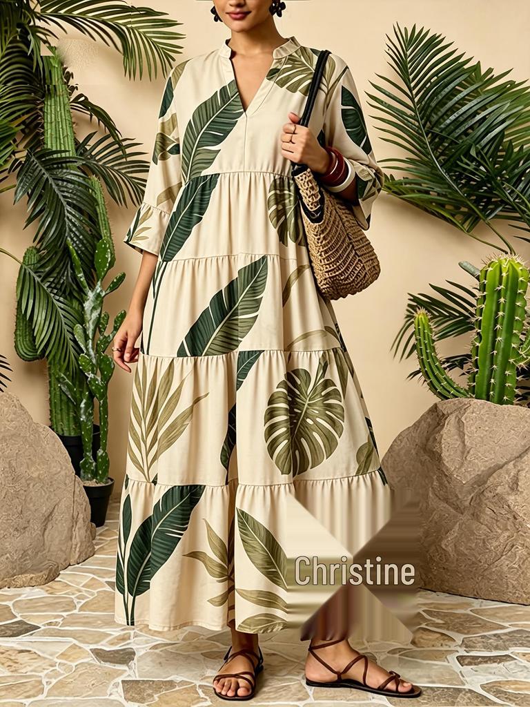 Plus Size Bohemian V-neck Long Dress - Spring/Summer European American Ethnic Style
