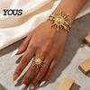 Tarnish Resistant Jewelry 2Pcs Retro Sun Bangle Ring Set, Open Adjustable Cuff Bracelet Set & Ring, Golden Plated Statement Hand for Women Tone