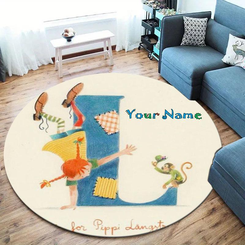 Pippi Longstocking Custom Name Round Area Rug,Carpet Rug for Living Room Bedroom Sofa Playroom Decor,Non-slip Floor Mat