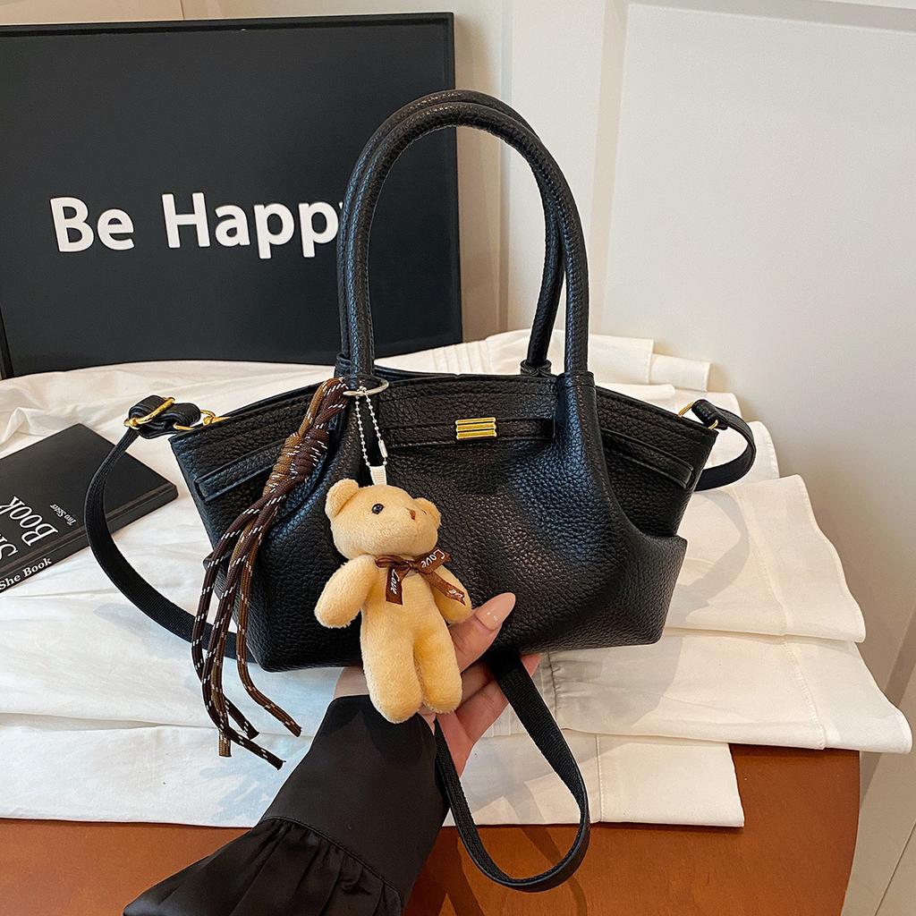Retro solid color design bear pendant 2025 new high-end pleated dumpling bag handbag messenger bag bag female