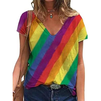 Summer V-neck 3D Printed Rainbow Pattern Top Fashionable Casual Short Sleeved Women's T-shirts