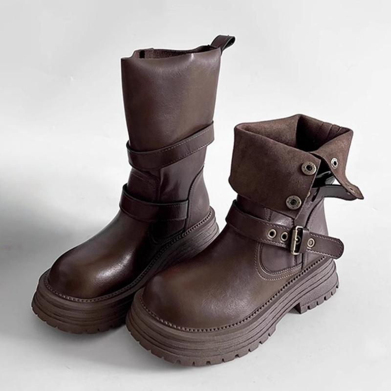 

Осень 2025 Ретро Удобные Женские Ботинки Британский Стиль Уличные Ботильоны Новые Дизайнерские Ботинки на Платформе Кожаные Ботинки Женские 38 коричневый