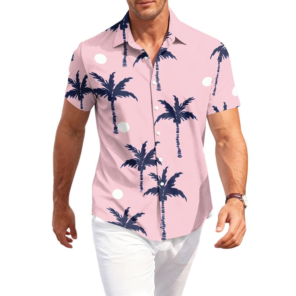 Men's Casual Loose Fit Hawaiian Print Short Sleeve Shirt Button Down Beach Vacation Shirt Lightweight Breathable Summer Top