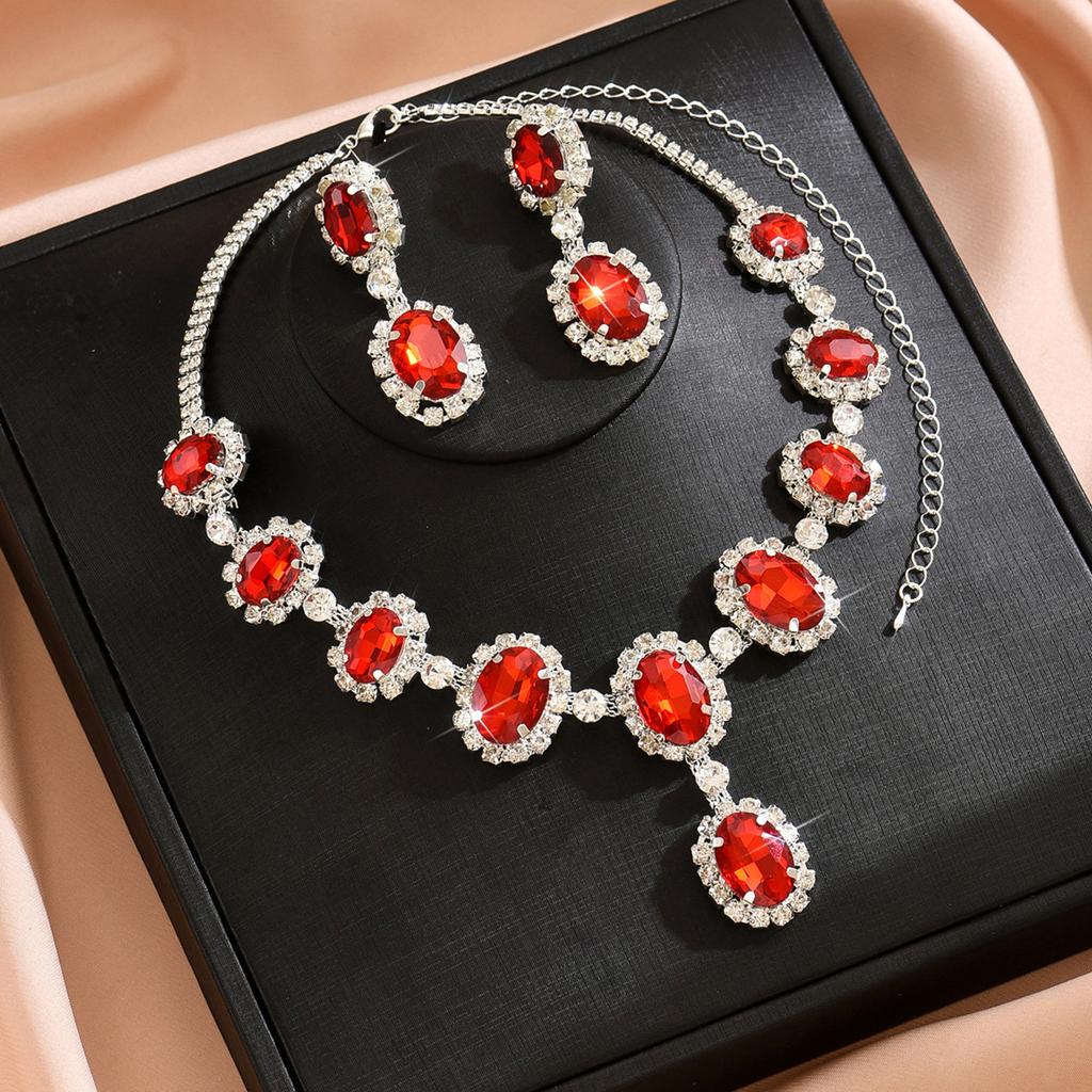 Fashion Colored Diamond Water Drop Shape Super Flash Temperament Set Chain Earrings Necklace Exaggerated Two-Piece Bridal Jewelry