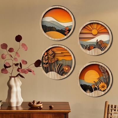 4 Pcs Boho Wall Art, Bohemian Sunset Mountain Plant Wall Decor, Wooden Round Circle Hollow Out Farmhouse Hanging Ornament for Bedroom,