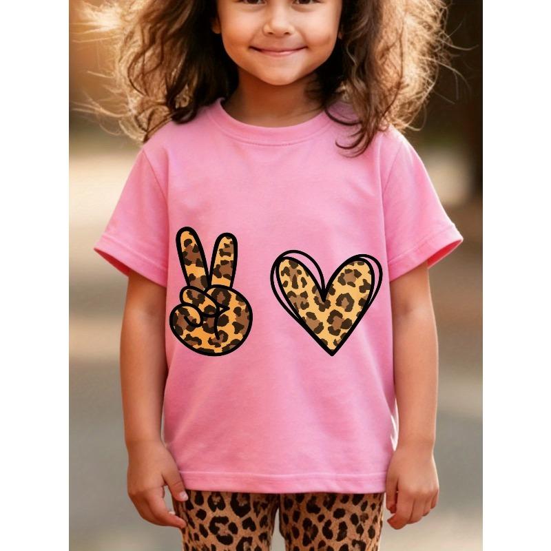 European sizes Leopard Print Peace & Heart T-Shirt - Soft Round Neck Casual Playwear for Kids