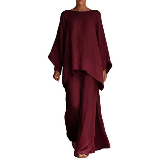 

Женские летние комплекты из двух предметов для отдыха с рукавами летучая мышь, длинным рукавом, вырезом-лодочкой, топ и брюки с широкими штанинами, комплект L вино красного