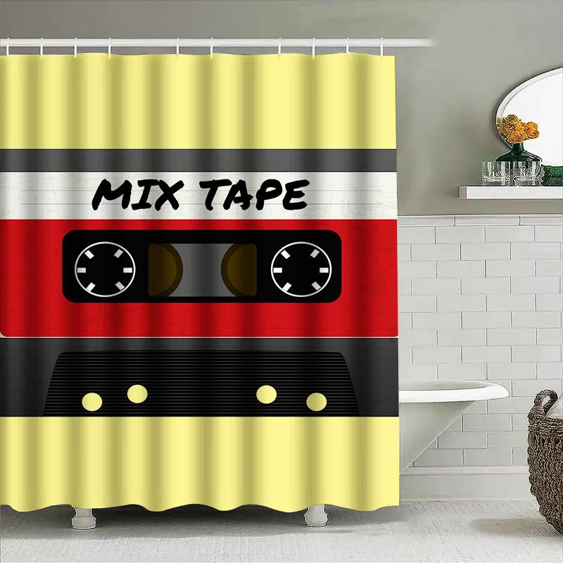 Retro Mix Tape Duschvorhang Gelb Rot 80er Jahre Stil Audio Kassette Dekor für Badezimmer