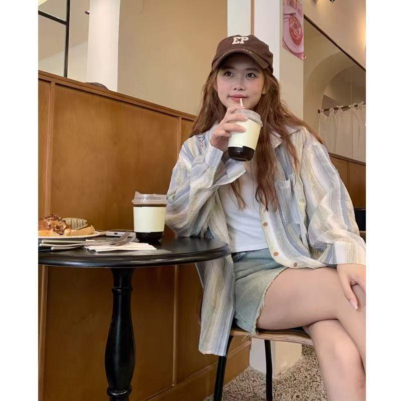 

Women s Hong Kong Style Striped Sun Protection Jacket - Autumn Loose Fit, Plus Size, Casual Long Sleeve Top S