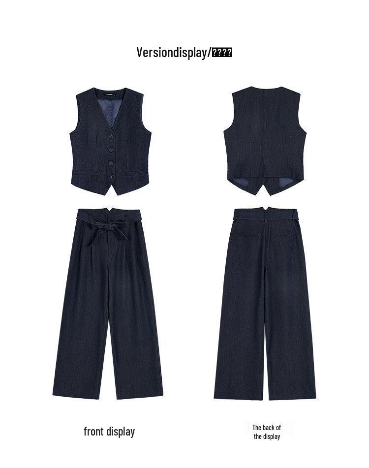 Vintage Chic Set: V-Neck Vest & Wide-Leg Pants, Two-Piece Ensemble