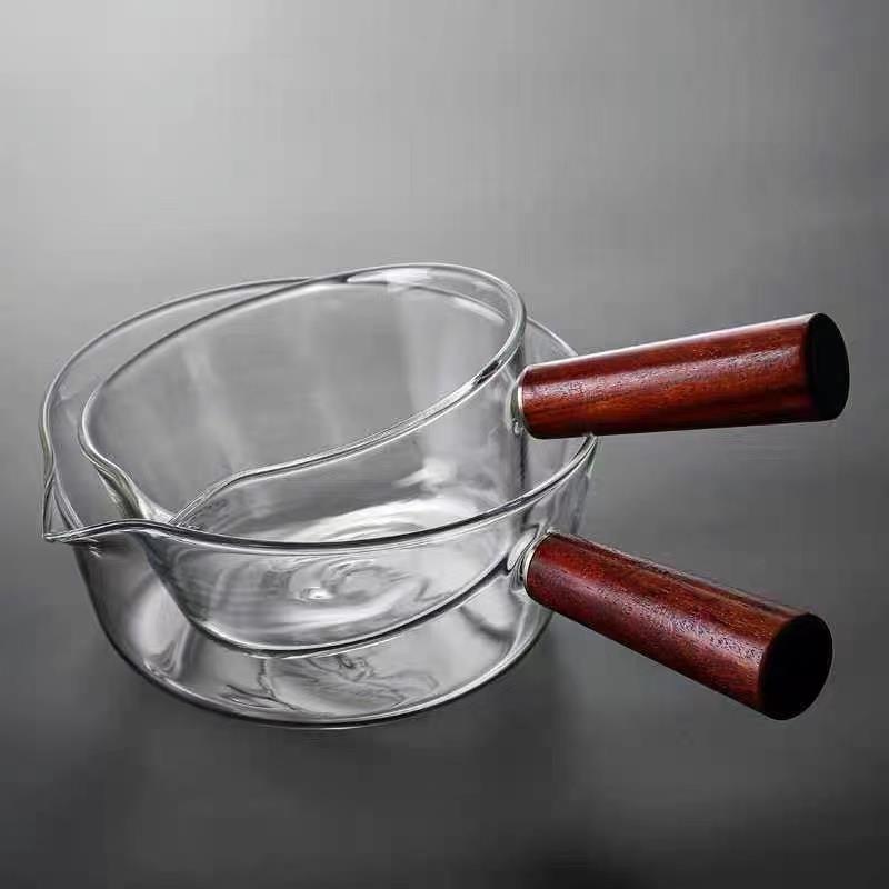 High Borosilicate Glass Milk Pot with Red Sandalwood Handle, 650ml