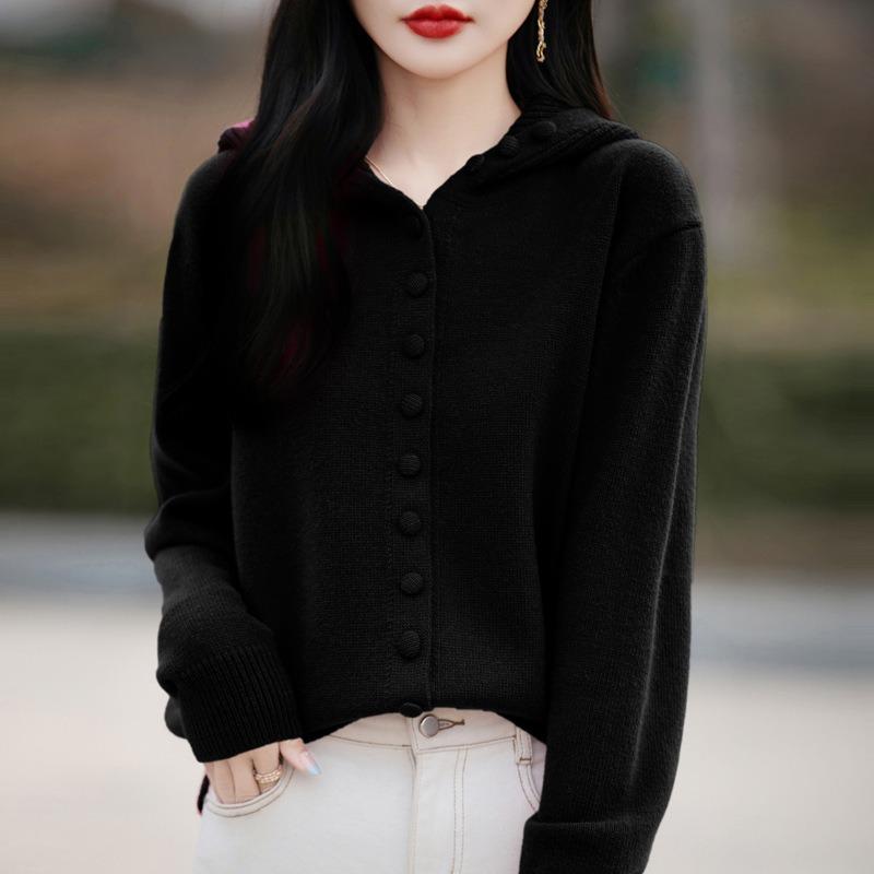 Hooded knitted cardigan women's single-breasted sweater jacket autumn and winter new casual loose hooded sweater stacked top