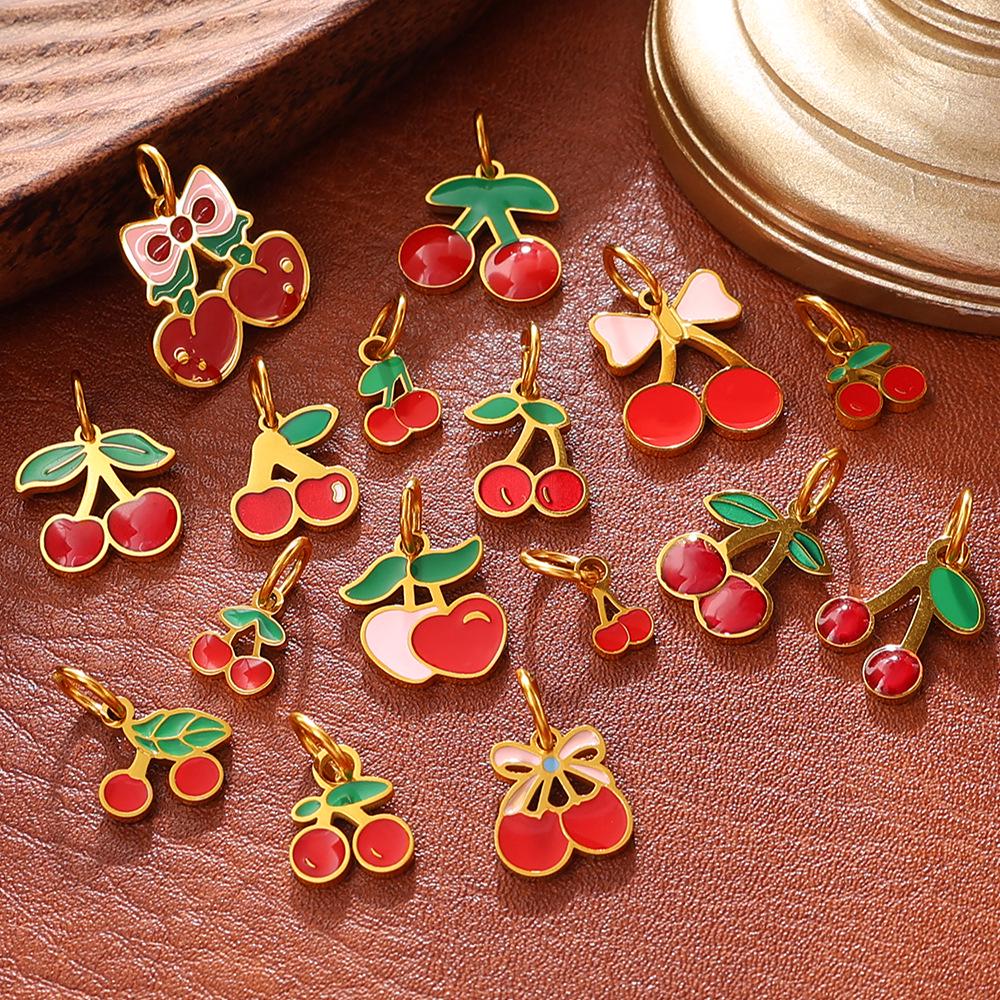 New Sweet Red Cherry Enamel Stainless Steel DIY Fruit Bracelet Necklace Pendant