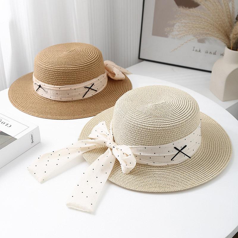 Small fresh straw hat women's flat top top hat sunshade sunscreen hat travel vacation fashion polka dot straw weaving sun hat tide