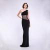 Elegant European One-Shoulder Party Evening Gown with High-End Mesh and Waist-Cinching Fishbone Design for Women