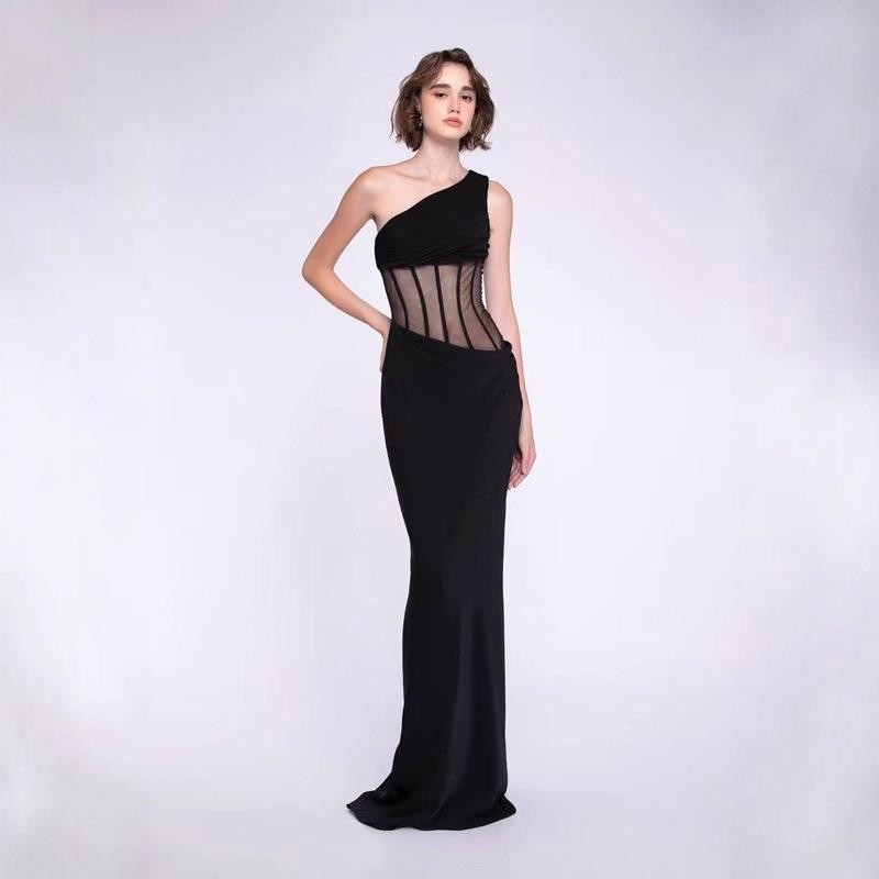 Elegant European One-Shoulder Party Evening Gown with High-End Mesh and Waist-Cinching Fishbone Design for Women