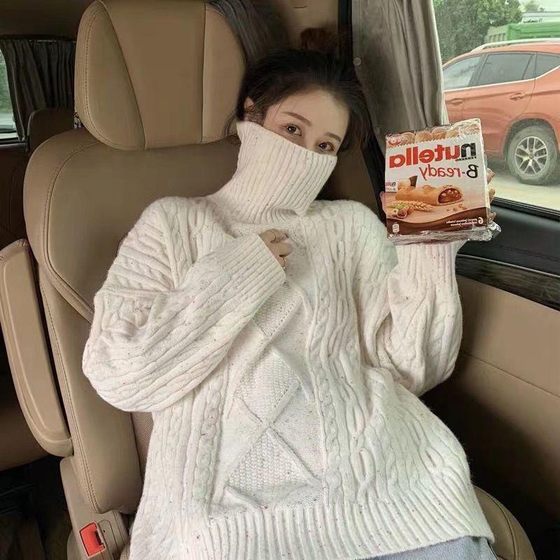 

Пуловер-свитер женский свободный корейский белый водолазка с длинным рукавом осенне-зимний однотонный One Size белый