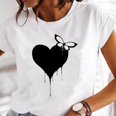 Kortärmad fjäril Kärlek Hjärta Trend Kvinnor Tryck T-tröja Sommar Mode T-shirt Dam Kvinnliga Kläder Casual Grafisk T-shirt