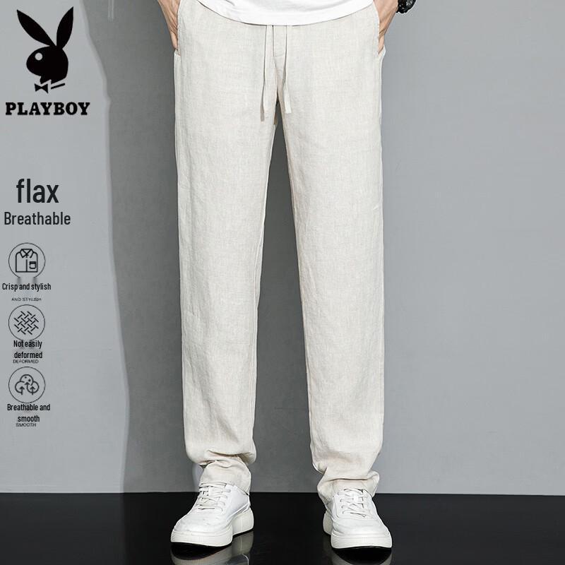PLAYBOY Men s 100% Linen Straight-Leg Casual Trousers L
