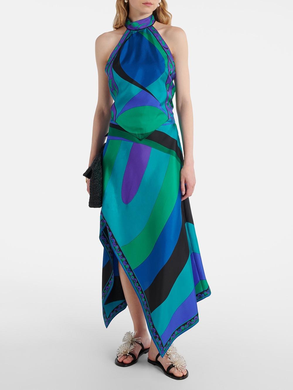 Cross-border independent station 2025 new printed neck halter top irregular skirt two-piece set S зелёный