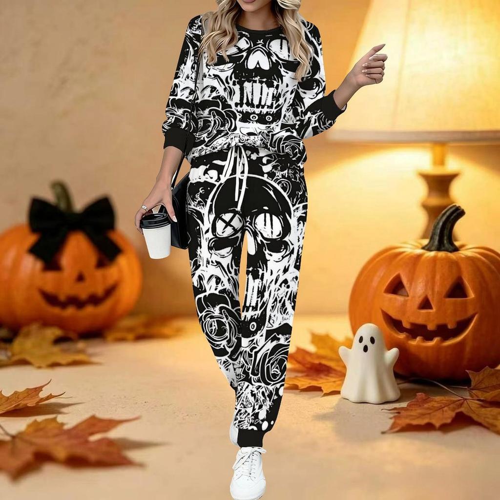 Conjunto de Dos Piezas con Estampado de Halloween para Mujer, Top de Manga Larga con Cuello Redondo y Pantalones Jogger con Cordón, Chándal Casual para Primavera Otoño