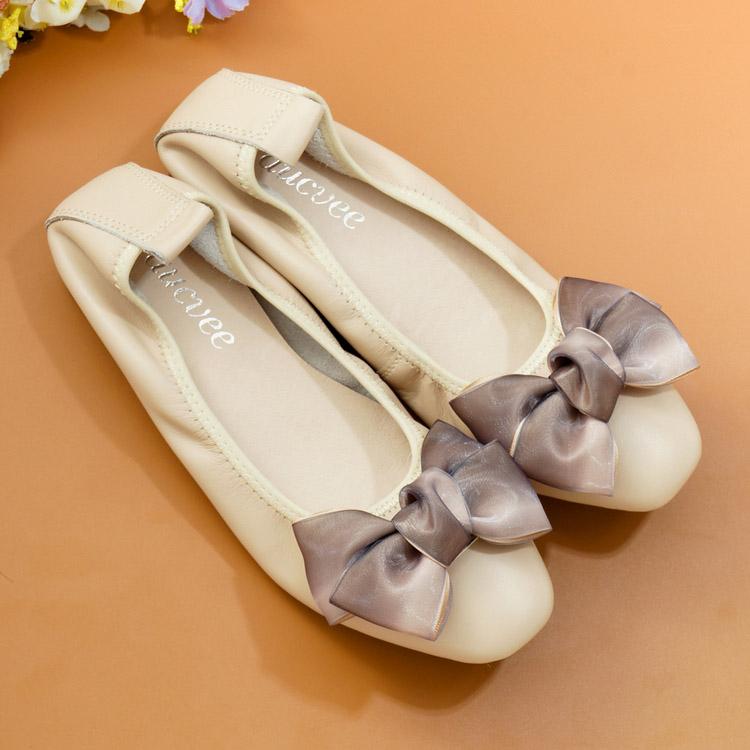 2024 Summer Genuine Leather Bowknot Ballerina Women's Flat Round Toe Comfort Slip-On Ladies Loafers Leather Single Mules Shoes