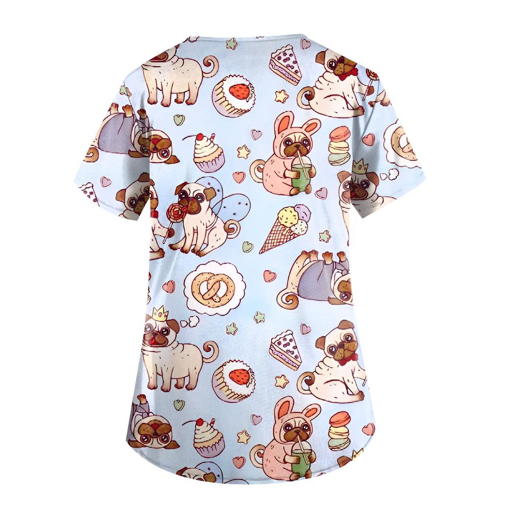 Women's Cute Printing Short Sleeve V-neck Tops Working  Pocket Blouse