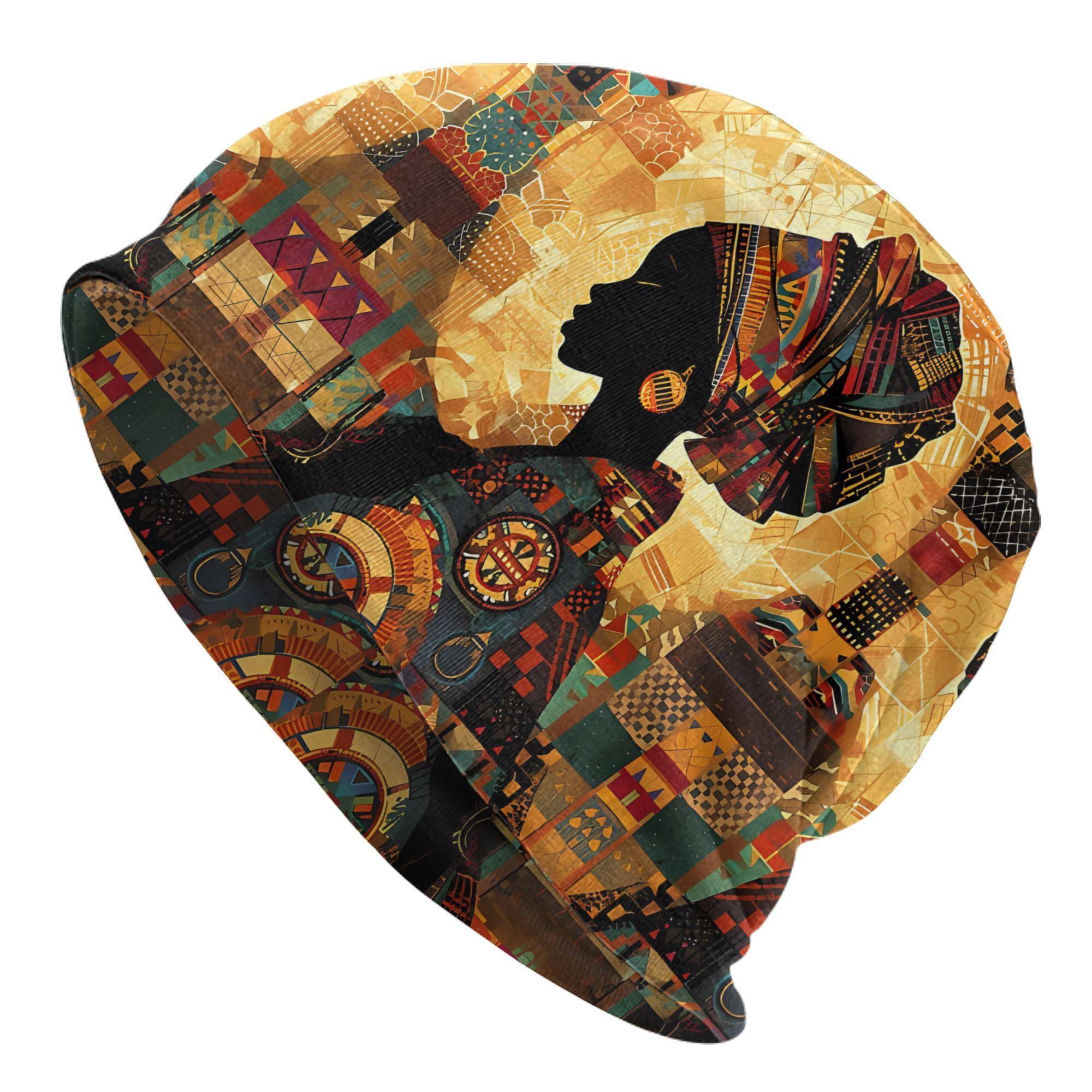 African Artwork Knit Beanie Hat Fashionable Polyester Stretch Skull Cap with Geometric Patterns And Silhouette Design Suitable One Size