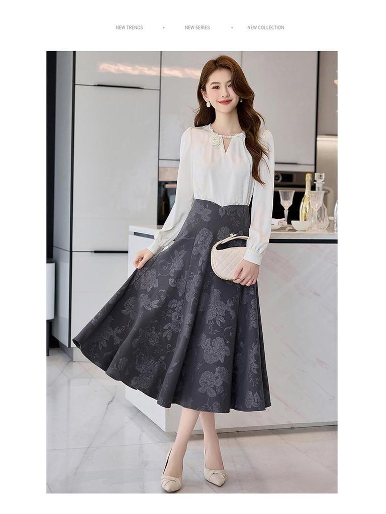 Spring 2025 Lace Butterfly Patchwork Two-Piece Set: Long Sleeve Shirt & Midi Skirt