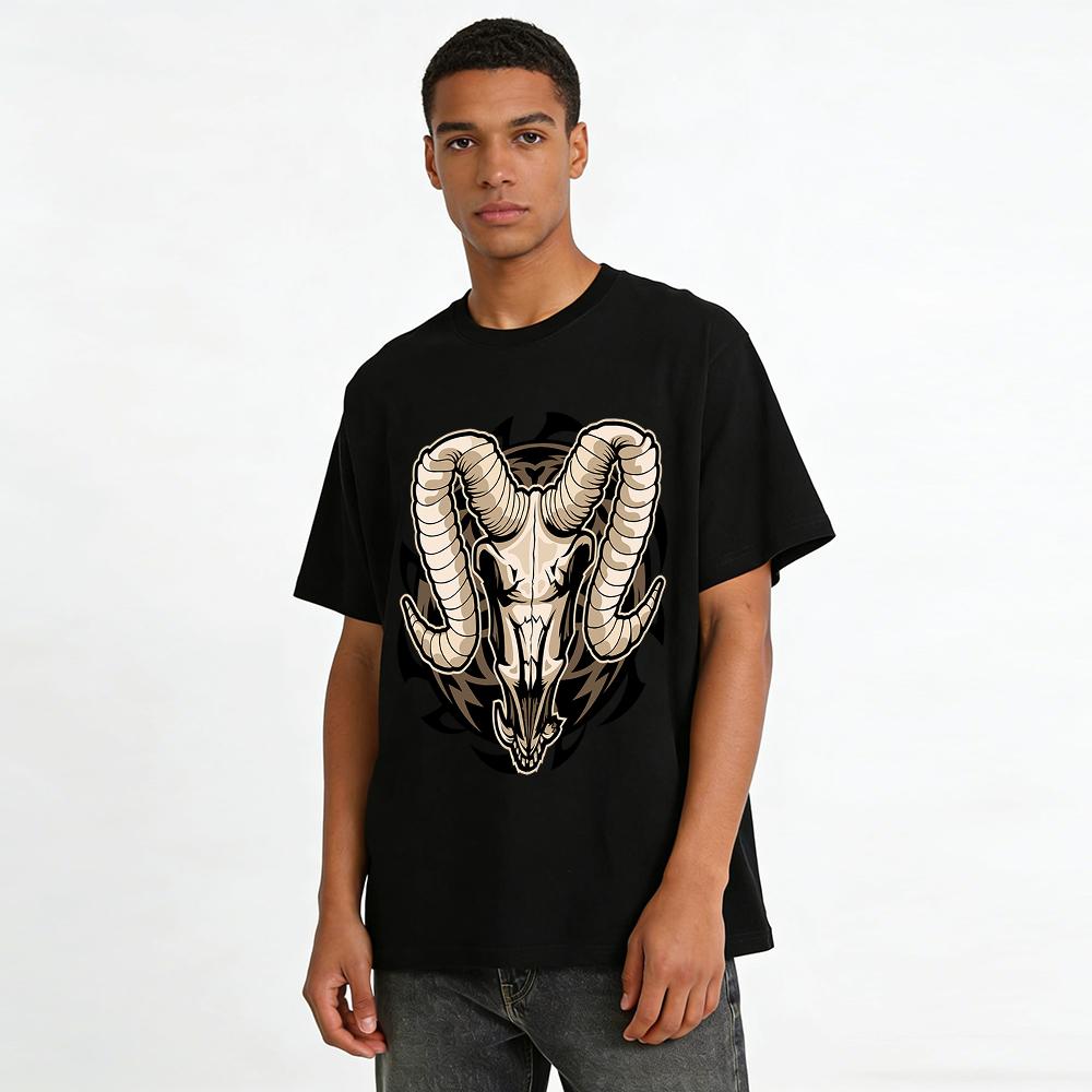 Vintage Curved Horn Ram Skull Print Trendy Casual Crewneck T-Shirt Pure cotton T-shirt